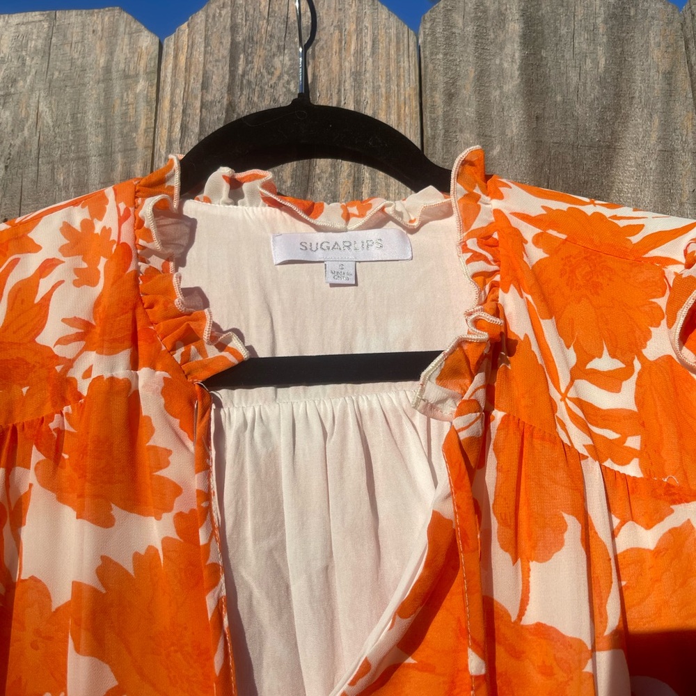 Sugarlips Orange and White Floral Ruffled Top Size S - Picture 4 of 8